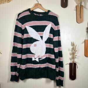 Men's Medium HUF Playboy Faux Mohair Pink & Green Striped Sweater
